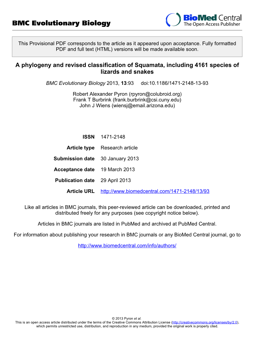 A Phylogeny and Revised Classification of Squamata, Including 4161 Species of Lizards and Snakes