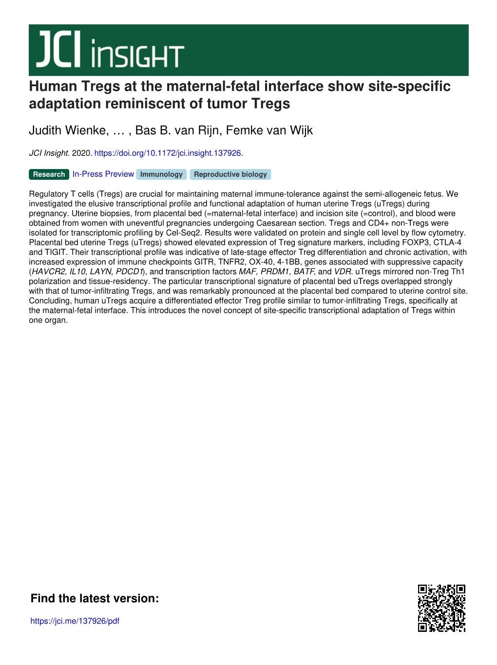 Human Tregs at the Maternal-Fetal Interface Show Site-Specific Adaptation Reminiscent of Tumor Tregs