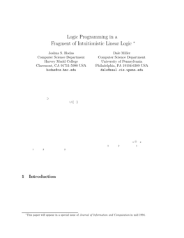 Logic Programming in a Fragment of Intuitionistic Linear Logic ∗