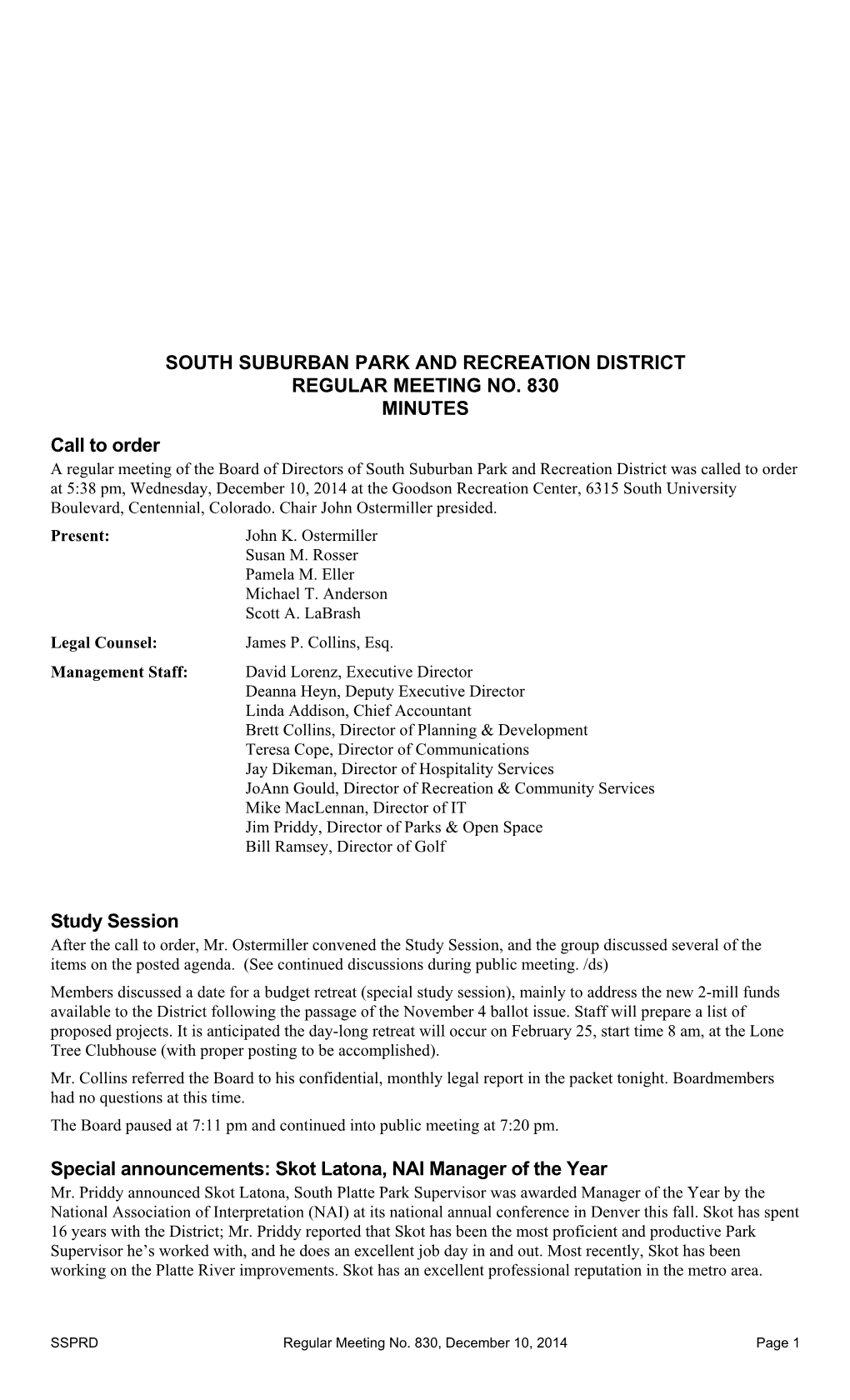 South Suburban Park and Recreation District Regular Meeting No