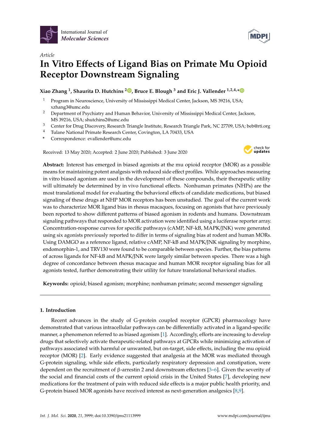 In Vitro Effects of Ligand Bias on Primate Mu Opioid Receptor