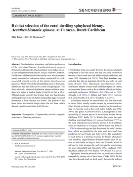 Habitat Selection of the Coral-Dwelling Spinyhead Blenny, Acanthemblemaria Spinosa, at Curaçao, Dutch Caribbean