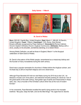 Daily Saints – 1 March St. David of Wales Born: 500 AD, Caerfai Bay