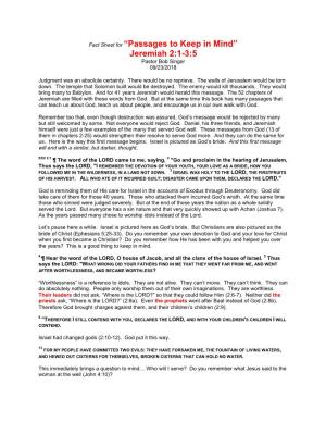 Fact Sheet for “Passages to Keep in Mind” Jeremiah 2:1-3:5 Pastor Bob Singer 09/23/2018