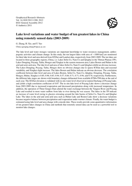 Lake Level Variations and Water Budget of Ten Greatest Lakes in China Using Remotely Sensed Data (2003-2009)