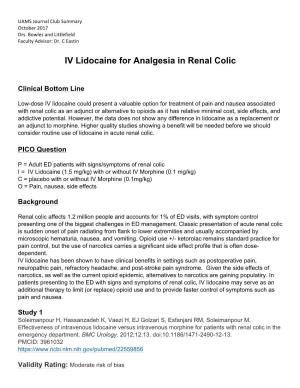 IV Lidocaine for Analgesia in Renal Colic