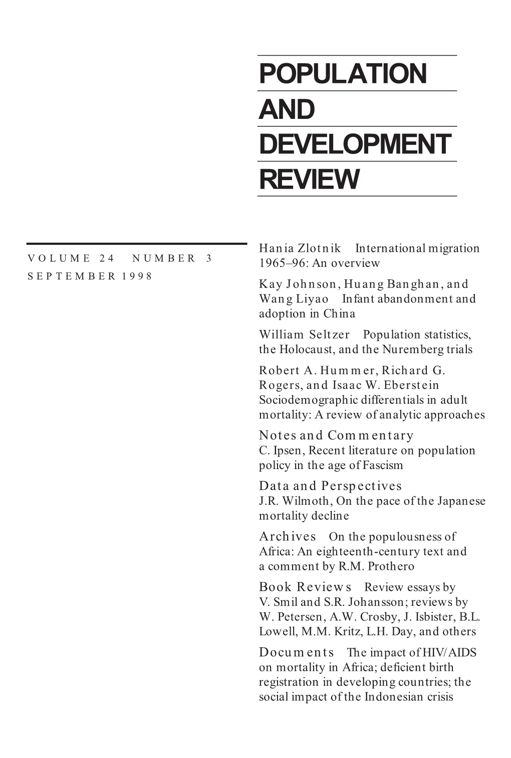 Population and Development Review, Volume 24, Number 3
