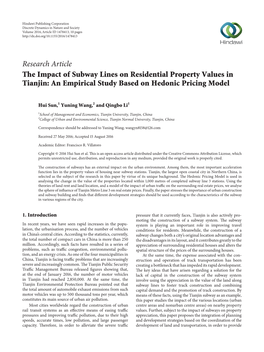 Research Article the Impact of Subway Lines on Residential Property Values in Tianjin: an Empirical Study Based on Hedonic Pricing Model