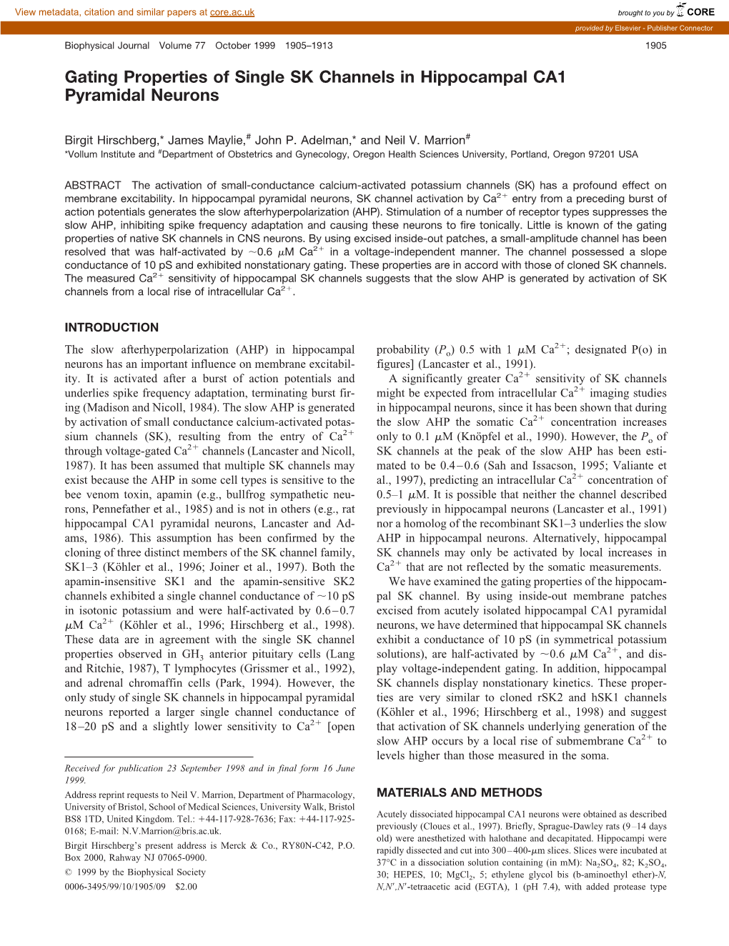 Gating Properties of Single SK Channels in Hippocampal CA1 Pyramidal Neurons