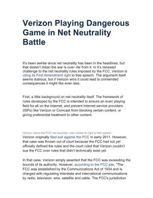 Verizon Playing Dangerous Game in Net Neutrality Battle