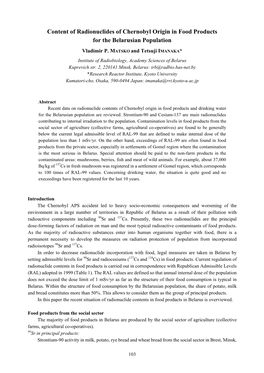 Content of Radionuclides of Chernobyl Origin in Food Products for the Belarusian Population