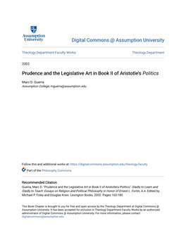 Prudence and the Legislative Art in Book II of Aristotle's Politics