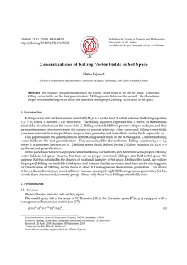 Generalizations of Killing Vector Fields in Sol Space