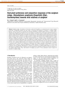 Host-Plant Preference and Oviposition Responses of the Sorghum Midge, Stenodiplosis Sorghicola (Coquillett) (Dipt., Cecidomyiidae) Towards Wild Relatives of Sorghum