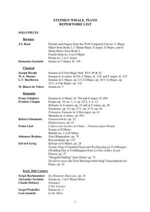 Stephen Whale, Piano Repertoire List