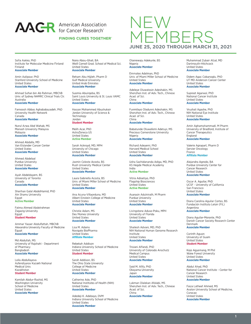 New Members June 25, 2020 Through March 31, 2021