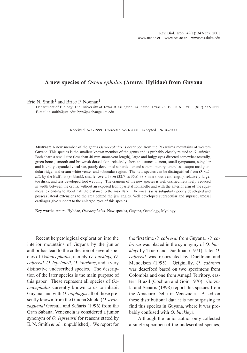 A New Species of Osteocephalus (Anura: Hylidae) from Guyana