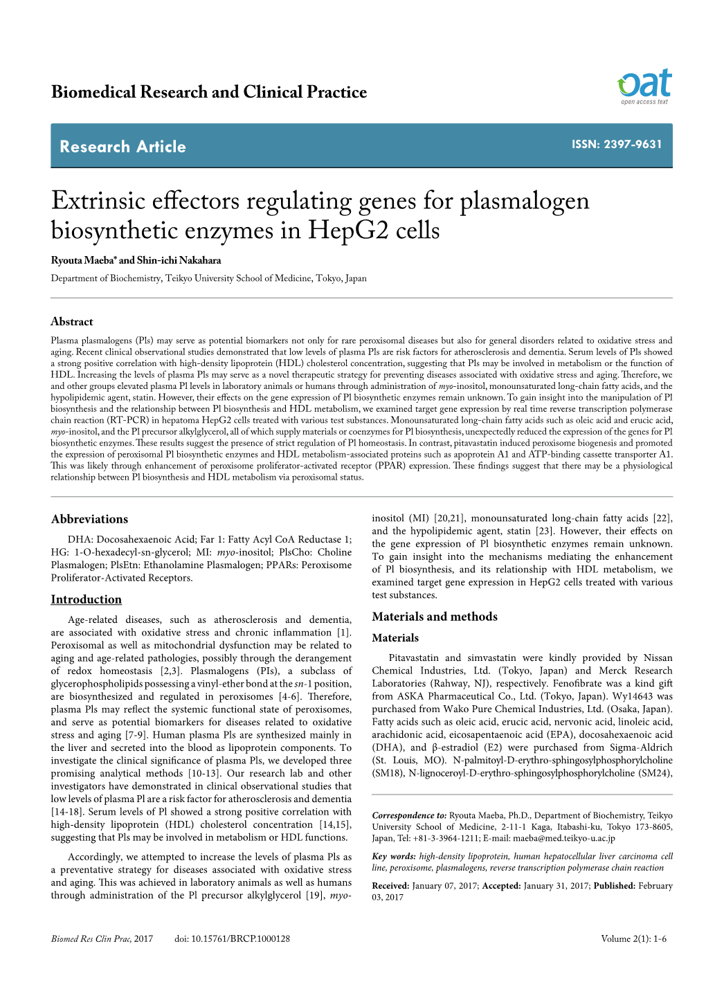 Extrinsic Effectors Regulating Genes for Plasmalogen Biosynthetic Enzymes in Hepg2 Cells