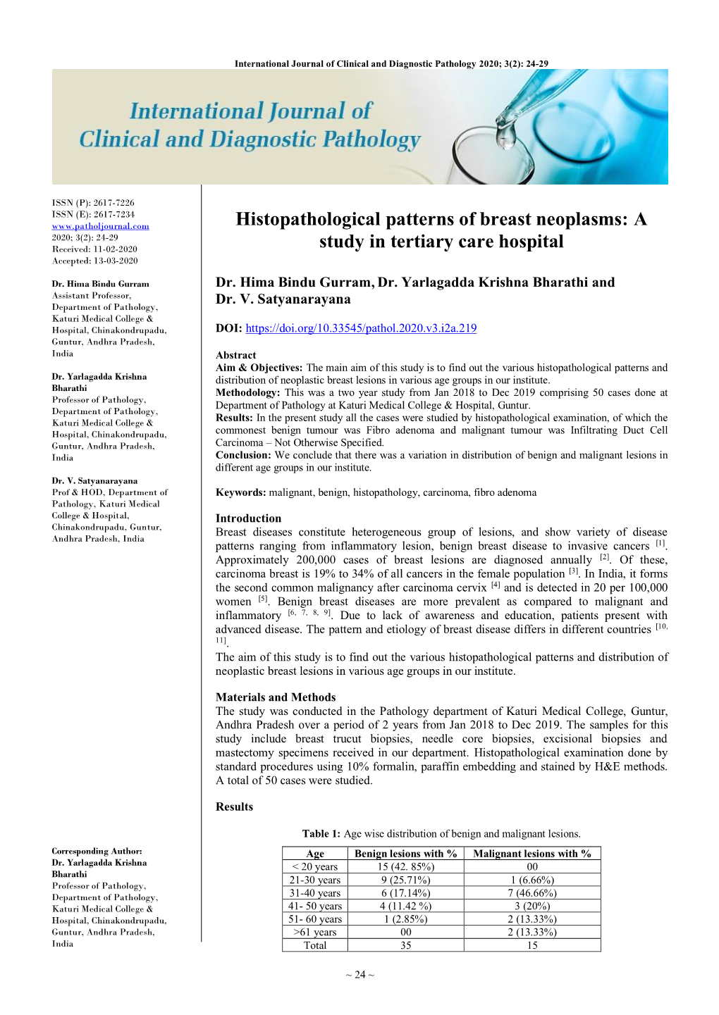 Histopathological Patterns of Breast Neoplasms: a 2020; 3(2): 24-29 Received: 11-02-2020 Study in Tertiary Care Hospital Accepted: 13-03-2020