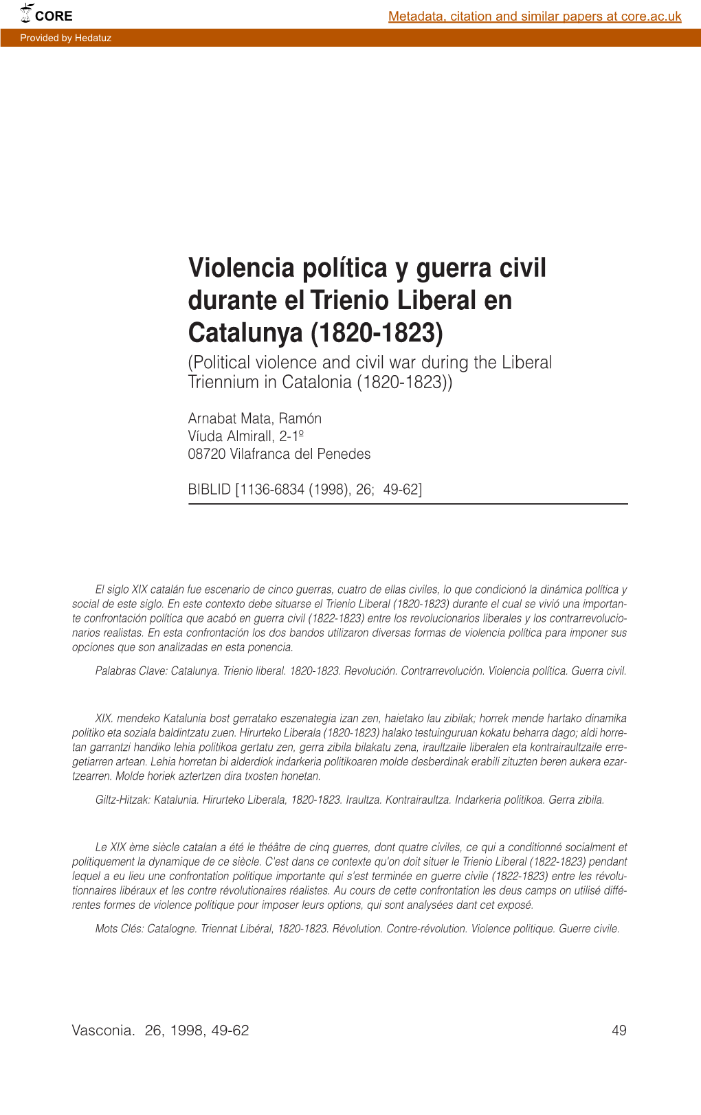 Violencia Política Y Guerra Civil Durante El Trienio Liberal En