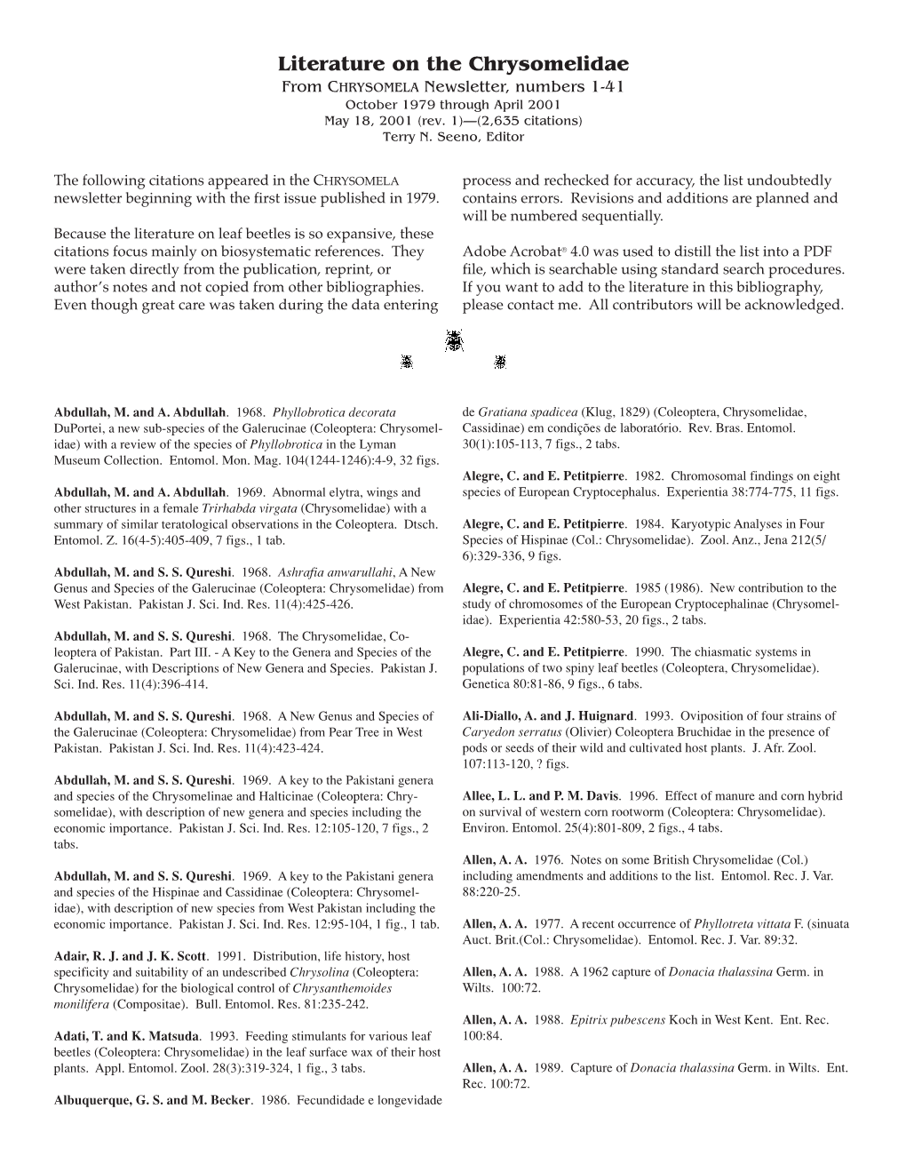 Literature on the Chrysomelidae from CHRYSOMELA Newsletter, Numbers 1-41 October 1979 Through April 2001 May 18, 2001 (Rev