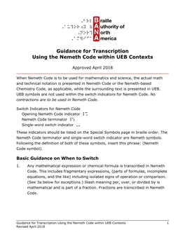 Guidance for Transcription Using the Nemeth Code Within UEB Contexts