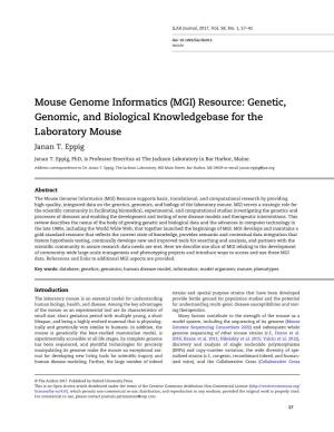 Mouse Genome Informatics (MGI) Resource: Genetic, Genomic, and Biological Knowledgebase for the Laboratory Mouse Janan T