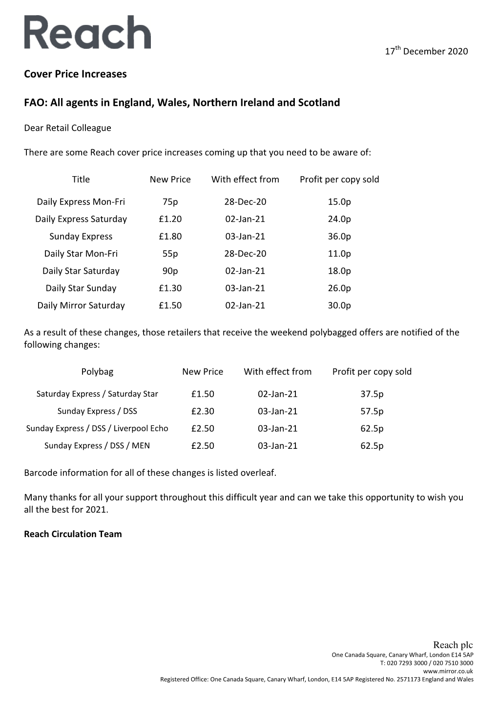 Cover Price Increases FAO: All Agents in England, Wales, Northern