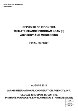 Republic of Indonesia Climate Change Program Loan (Ii) Advisory and Monitoring