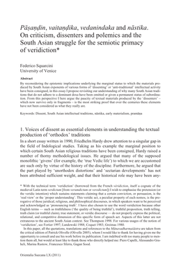 Pāṣaṇḍin, Vaitaṇḍika, Vedanindaka and Nāstika. on Criticism, Dissenters and Polemics and the South Asian Struggle for the Semiotic Primacy of Veridiction*