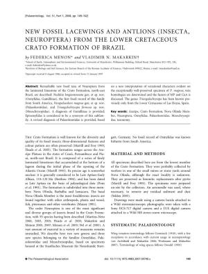 NEW FOSSIL LACEWINGS and ANTLIONS (INSECTA, NEUROPTERA) from the LOWER CRETACEOUS CRATO FORMATION of BRAZIL by FEDERICA MENON* and VLADIMIR N