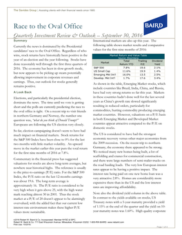 Race to the Oval Office Quarterly Investment Review & Outlook – September 30, 2016 Summary International Markets Are Also up This Year
