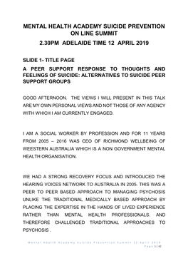 Mental Health Academy Suicide Prevention on Line Summit 2.30Pm Adelaide Time 12 April 2019