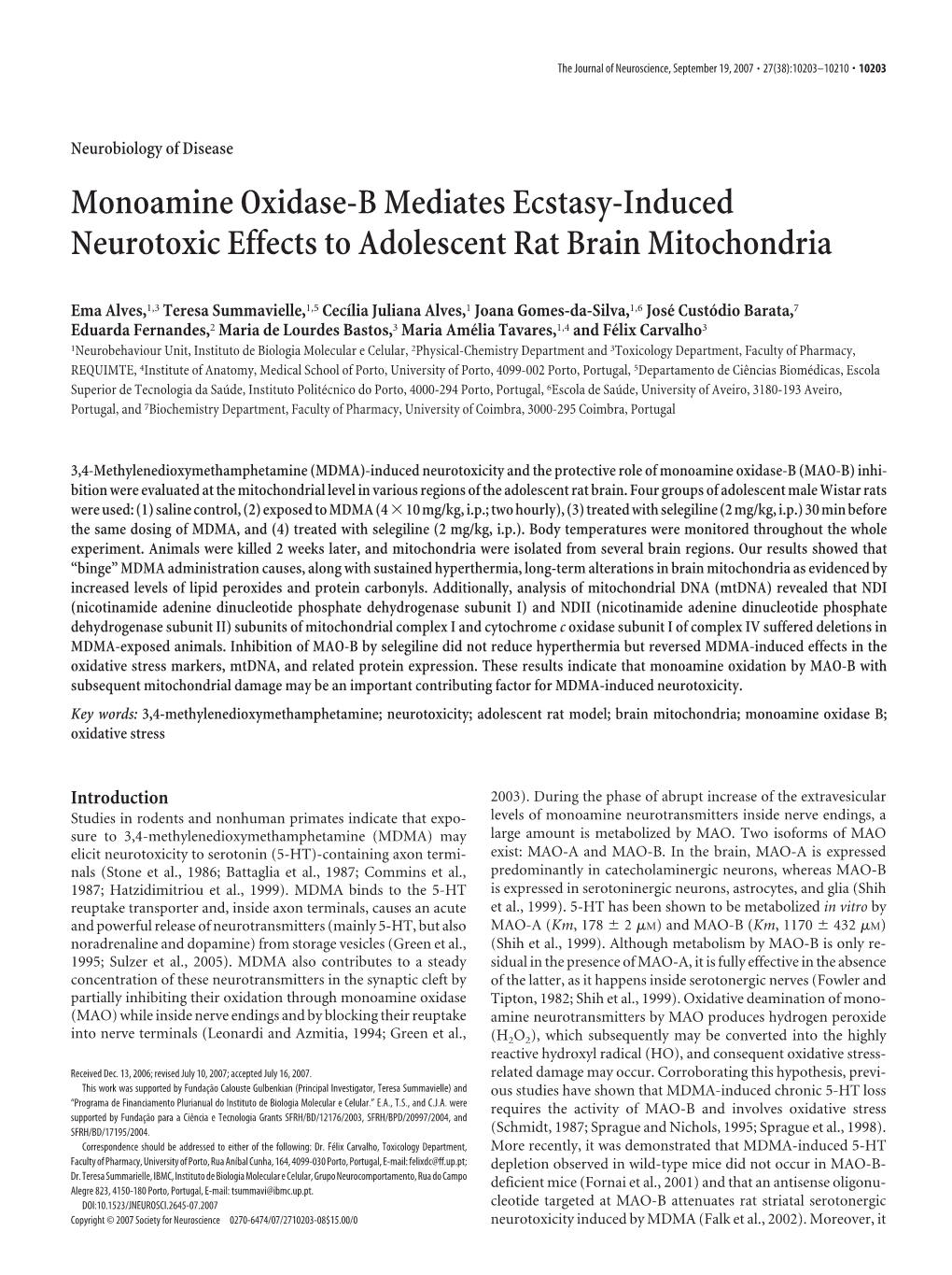 Monoamine Oxidase-B Mediates Ecstasy-Induced Neurotoxic Effects to Adolescent Rat Brain Mitochondria