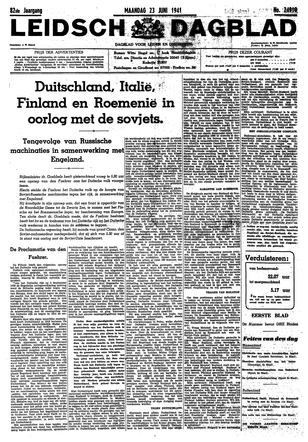 LEIDSCH DAGBLAD - Eerste Blad Maandag 23 Juni 1941