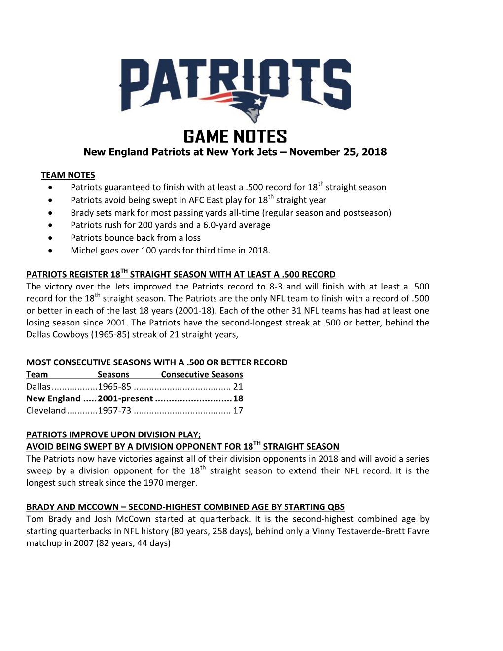 GAME NOTES New England Patriots at New York Jets – November 25, 2018