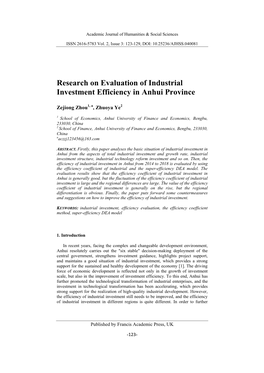 Research on Evaluation of Industrial Investment Efficiency in Anhui Province