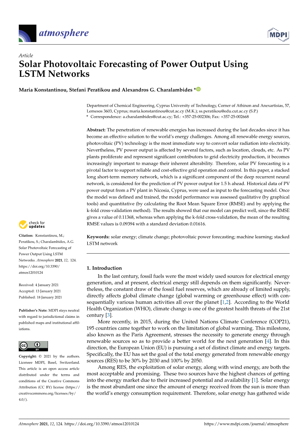 Solar Photovoltaic Forecasting of Power Output Using LSTM Networks