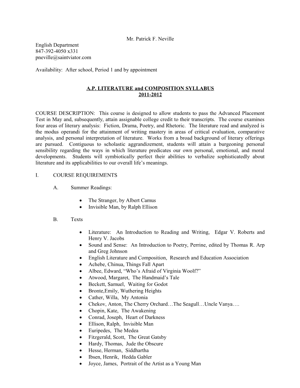 A.P. LITERATURE and COMPOSITION SYLLABUS
