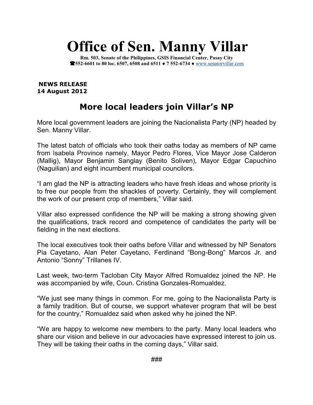 Local Leaders Join Villar's NP