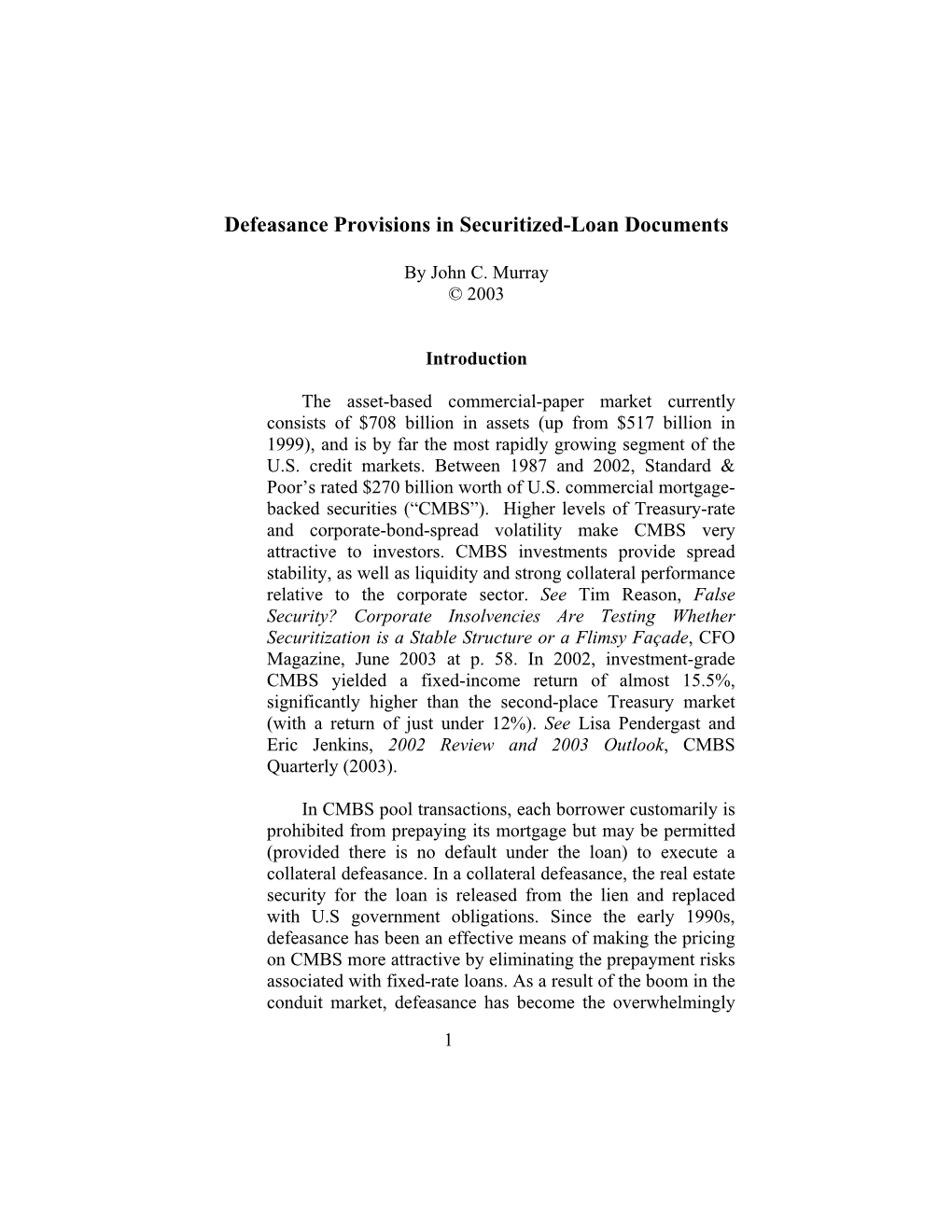 Defeasance Provisions in Securitized-Loan Documents