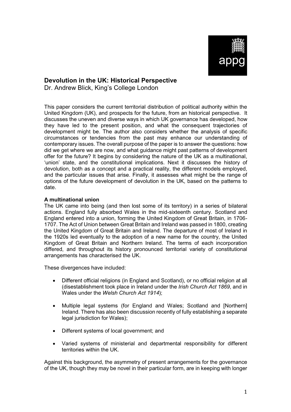 Devolution in the UK: Historical Perspective Dr