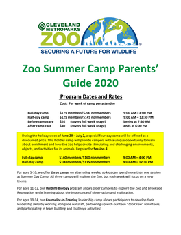 Zoo Summer Camp Parents' Guide 2020