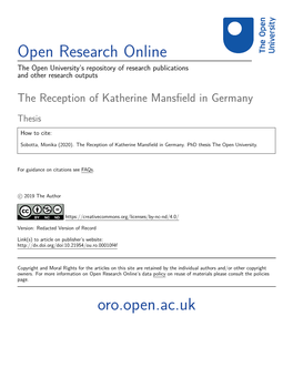 The Reception of Katherine Mansfield in Germany