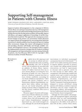 Supporting Self-Management in Patients with Chronic Illness MARY THOESEN COLEMAN, M.D., PH.D., and KAREN S