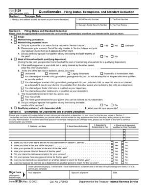 Questionnaire—Filing Status, Exemptions, and Standard Deduction Section I