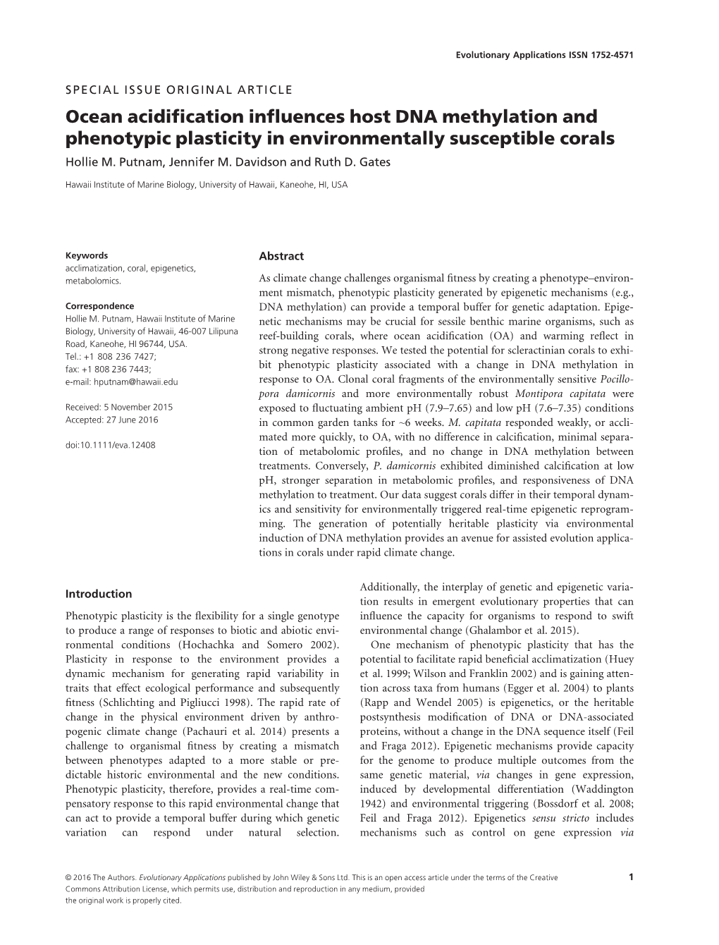 Ocean Acidification Influences Host DNA Methylation and Phenotypic