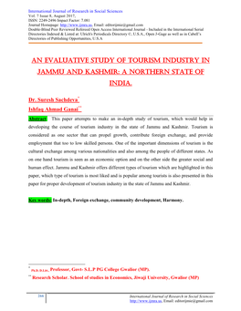 An Evaluative Study of Tourism Industry in Jammu and Kashmir: a Northern State of India