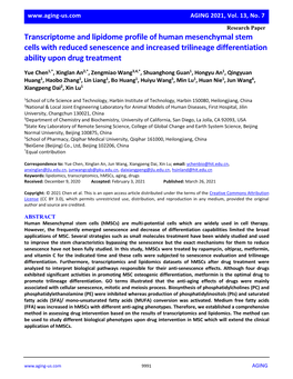 Transcriptome and Lipidome Profile of Human Mesenchymal Stem Cells with Reduced Senescence and Increased Trilineage Differentiation Ability Upon Drug Treatment