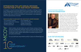 Introducing the 10Th Annual Michigan Contractor of the Year (Mcoy) Nominees John Ratzenberger Our Top Sponsors